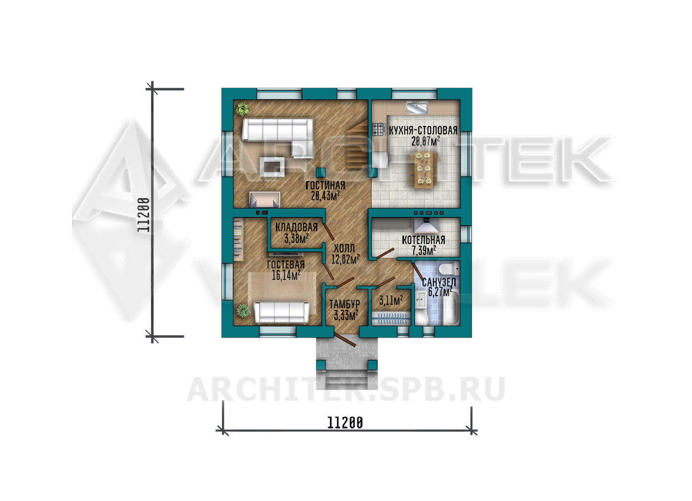VR-483-P/1 Проект простого дома из пеноблоков 11×11 с мансардой и балконом