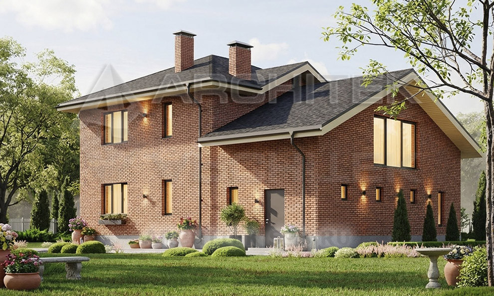 VR-499-K Готовый проект двухэтажного кирпичного дома с гаражом и зимним садом 14х11