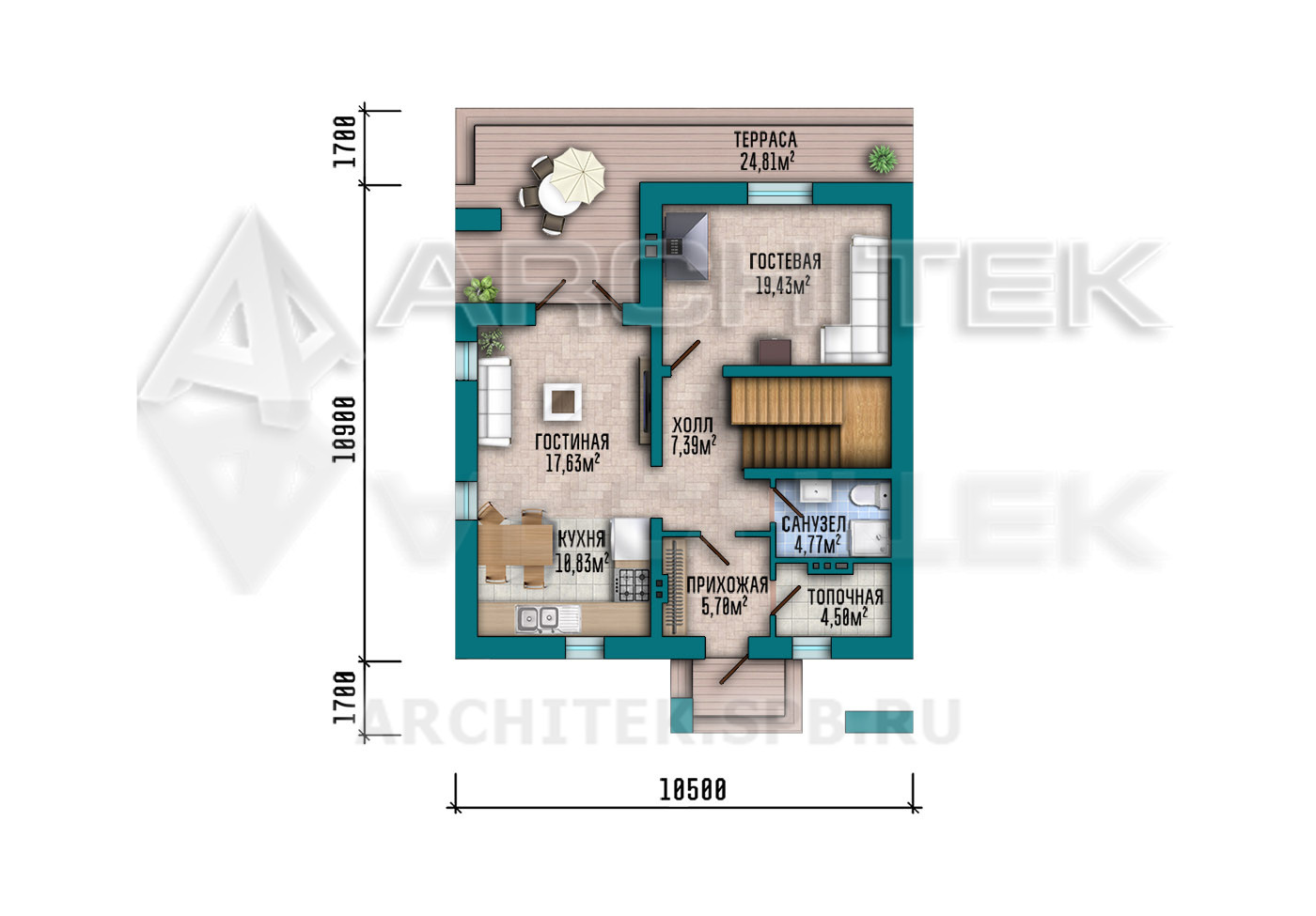 VR-505-P/1 Проект дома из газобетона с мансардным этажом и террасой 10.5х14.3
