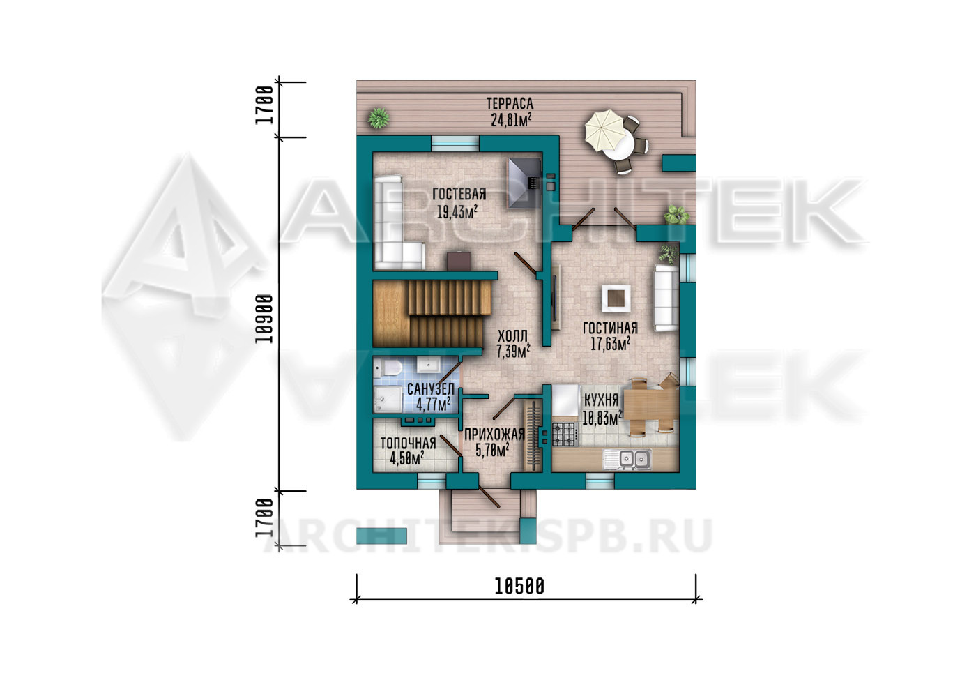 VR-505-P Готовый проект коттеджа из пеноблоков с мансардой, террасой 10.5х14.3
