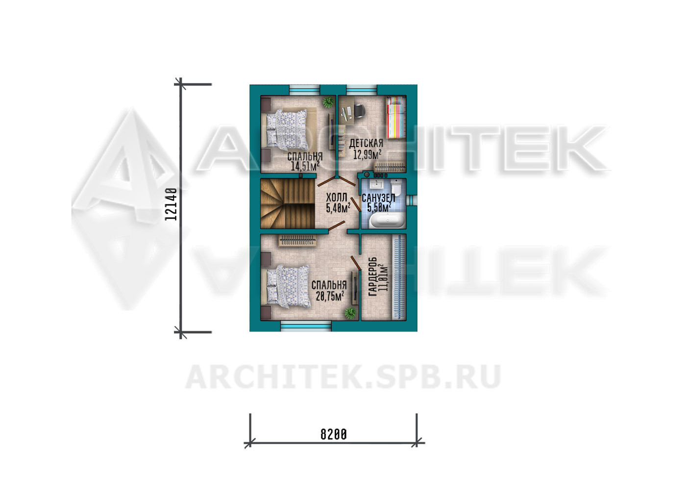 VR-512-P Проект коттеджа из газобетона с мансардным этажом и террасой 8.2×16.6 