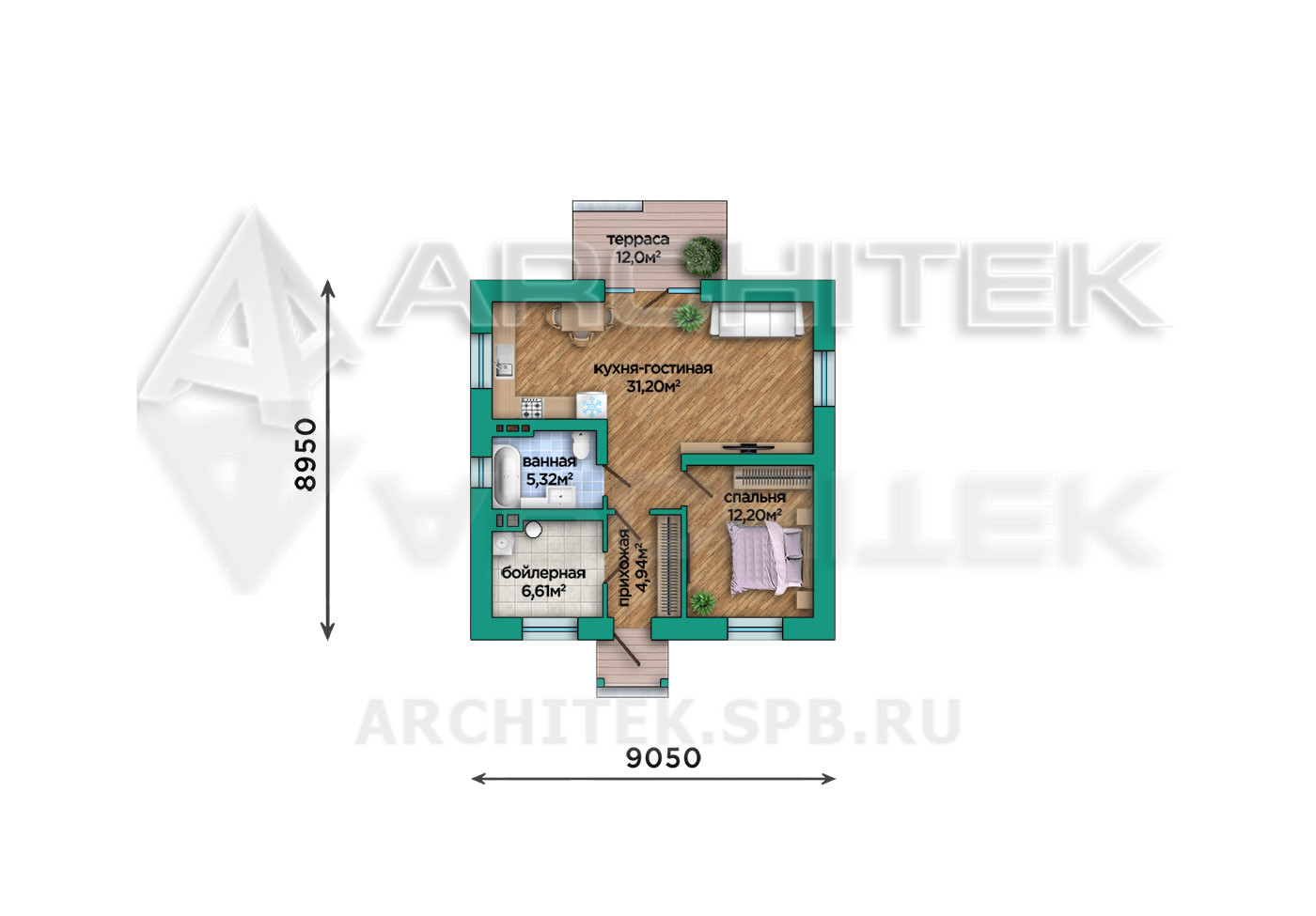 VR-514-P/1 Проект простого маленького домика из газобетона 9х9