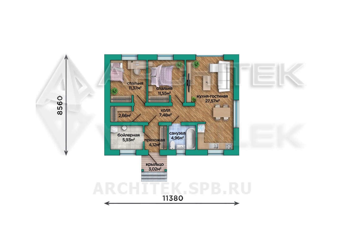 VR-517-P Проект простого дома 75 м² из газобетона 11.4х8.6