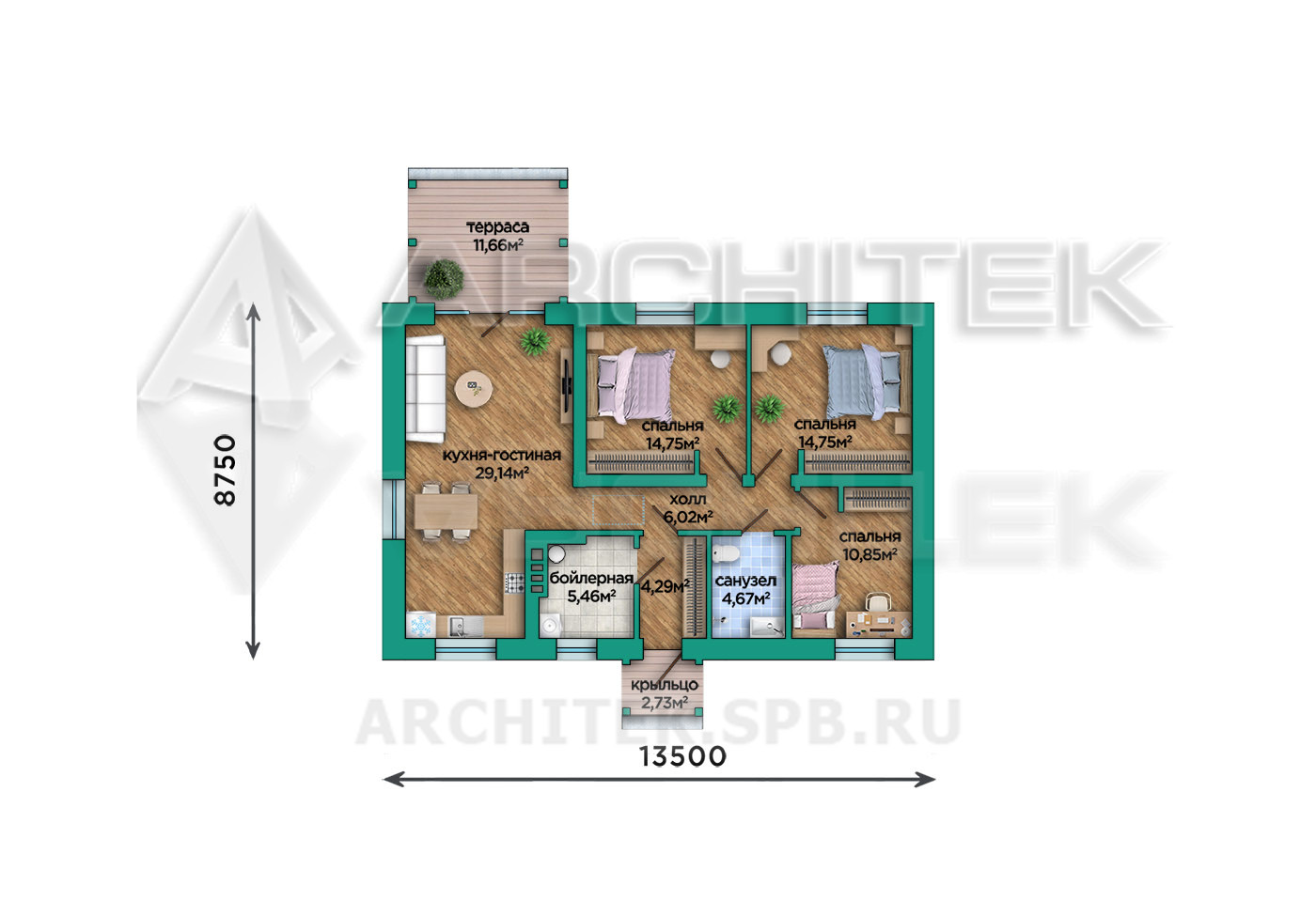 VR-519-P Проект простого одноэтажного коттеджа 90 м² из газобетона с террасой 13.5х11.8