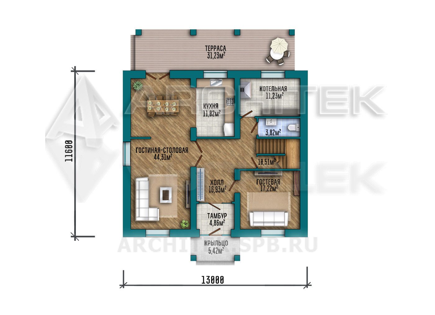 VR-529-P Проект простого двухэтажного коттеджа из газобетонных блоков с террасой 13х11.6