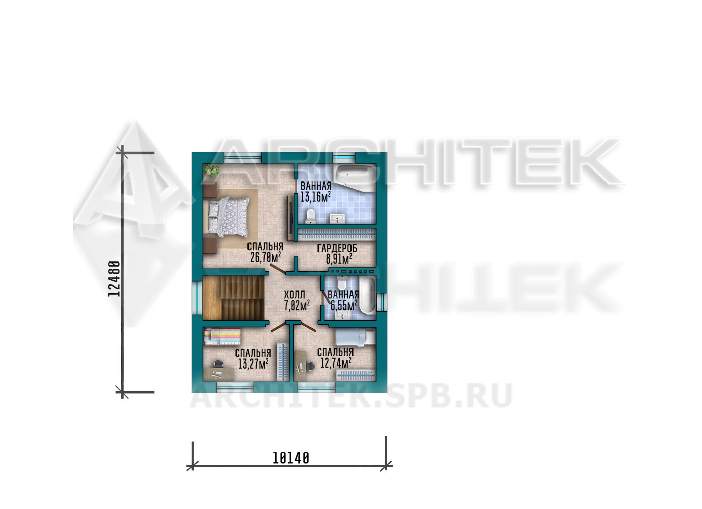 VR-531-P/1 Готовый проект двухэтажного дома из пеноблоков с большой террасой и гаражом 17.5×17.3