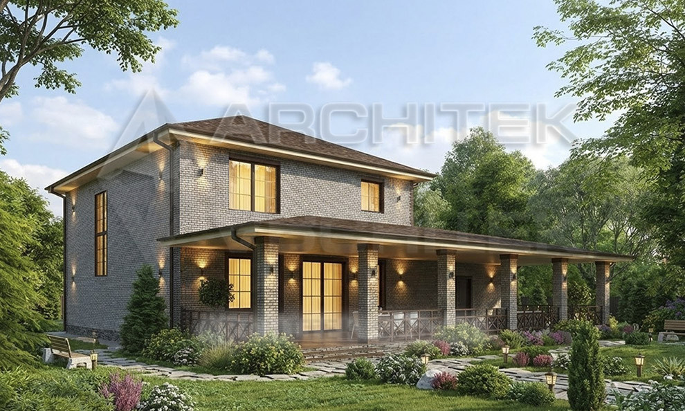 VR-531-P Проект 2х-этажного дома из газобетонных блоков с большой террасой и гаражом 17.5×17.3