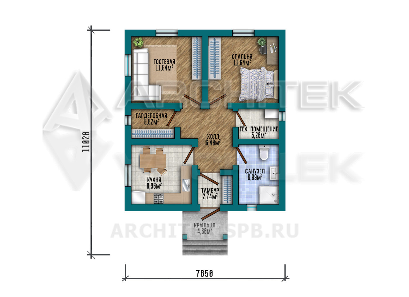 VR-535-P/1 Проект 1-этажного коттеджа 56 м² из пеноблоков 8х11