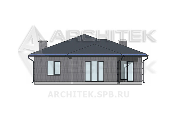 VR-545-K/1 Готовый проект одноэтажного кирпичного дома 14×21.4 с террасой и гаражом-навесом