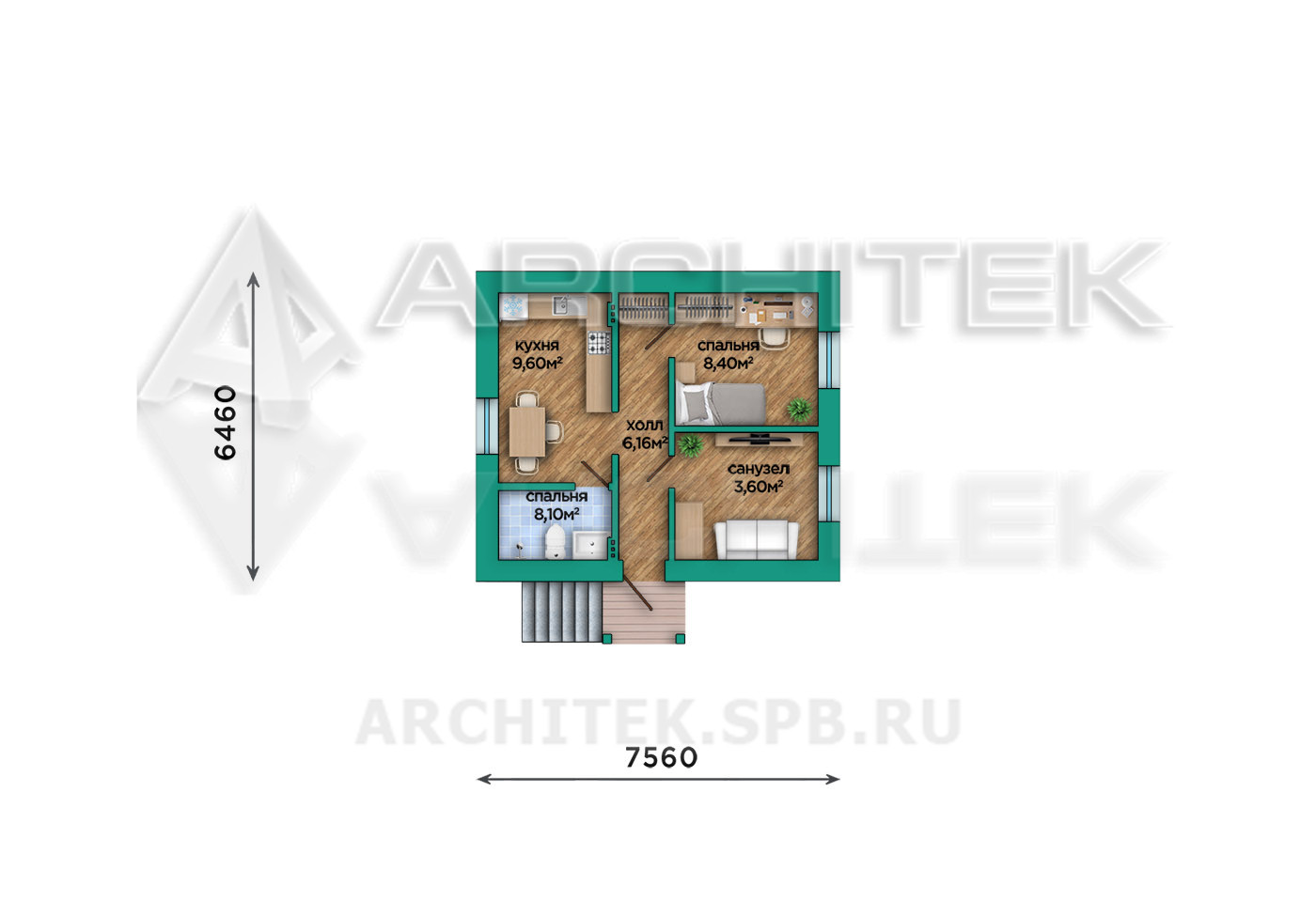 VR-560-P/1 Проект маленького одноэтажного коттеджа 38 м² из пеноблоков 7.56х7.76