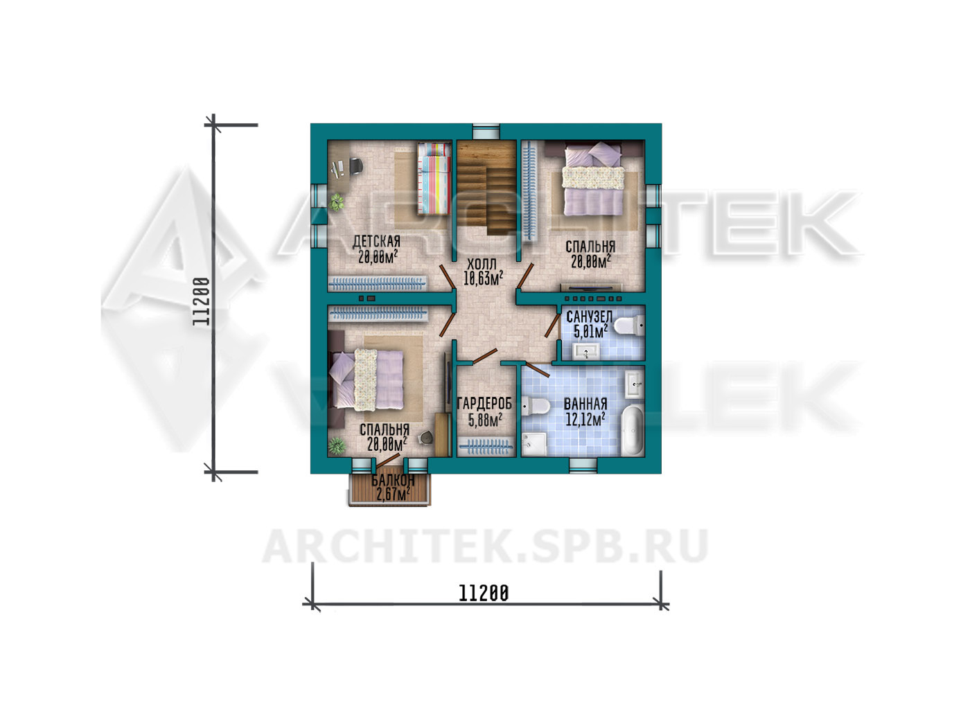 VR-567-P/1 Проект простого дома из пеноблоков с мансардным этажом и балконом 11×11