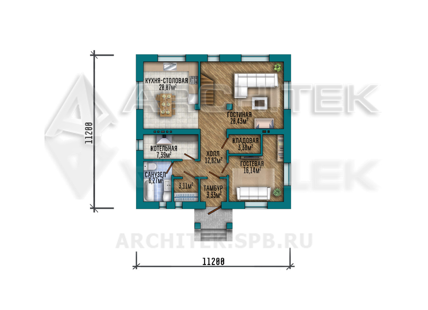 VR-567-P Готовый проект простого дома из газобетона с мансардой и балконом 11×11