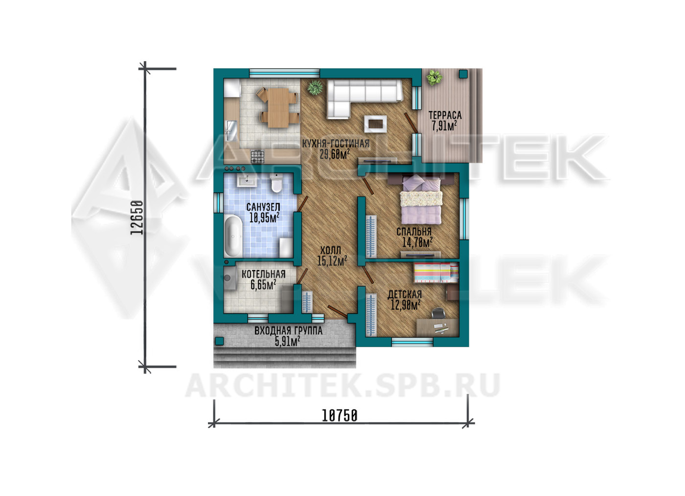 VR-568-P Готовый проект загородного одноэтажного коттеджа из газобетонных блоков с террасой 10.8×12.7