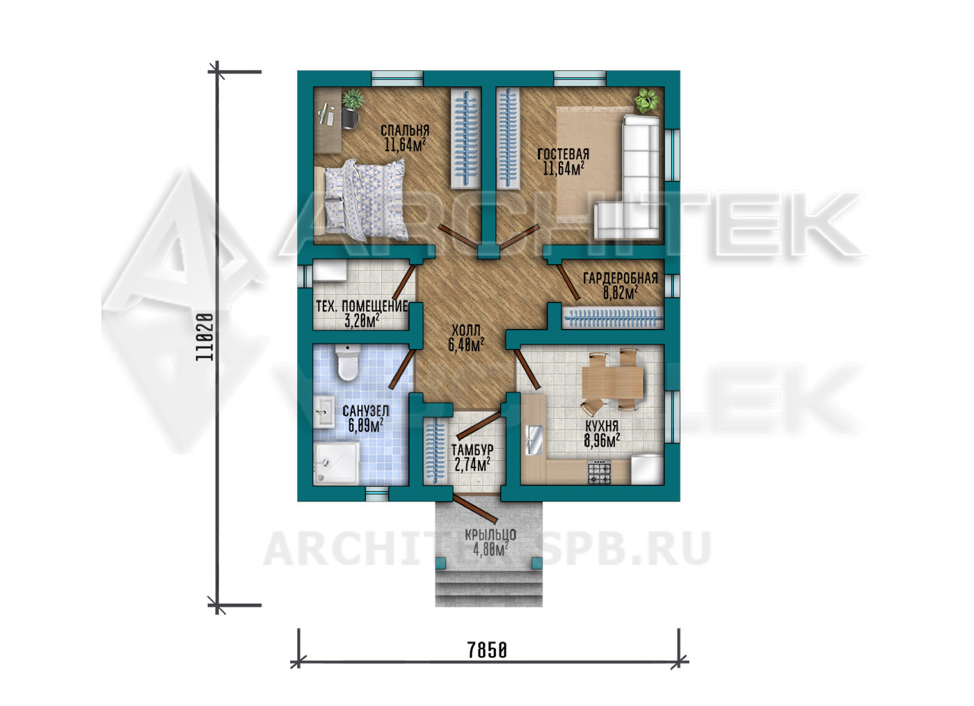 VR-570-P Проект одноэтажного коттеджа 56 м² из газобетона 8х11
